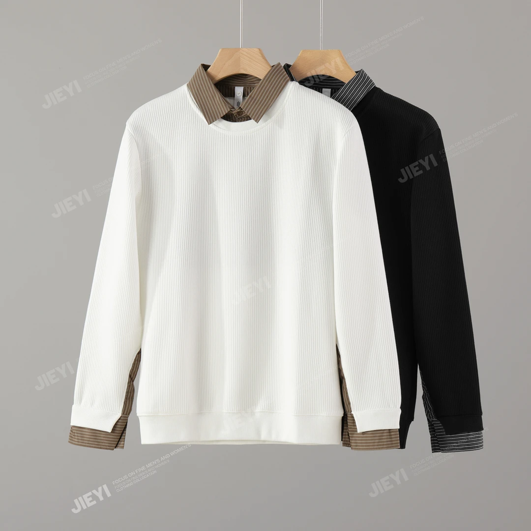 假两件上衣条纹衬衫领拼接撞色设计休闲百搭流行配秋冬新款卫衣男