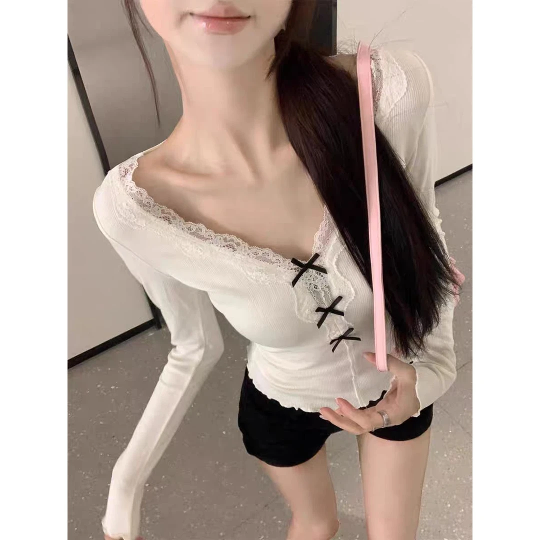 纯欲短款夏季显瘦韩式自由裁剪蕾丝花边上衣白色灰色黑色宽松七分