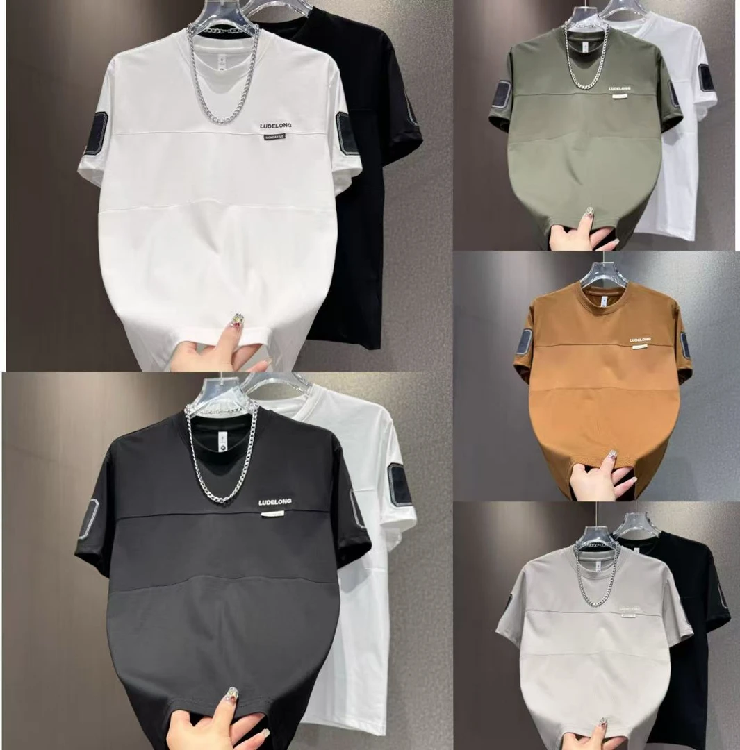 新款立体剪裁男士圆领T恤2025夏季潮流个性拼接半袖气质短袖 8596