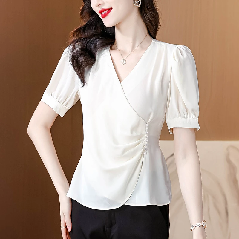 00法式绝美短袖衬衫女2025新款缎面设计感小众独特别致上衣