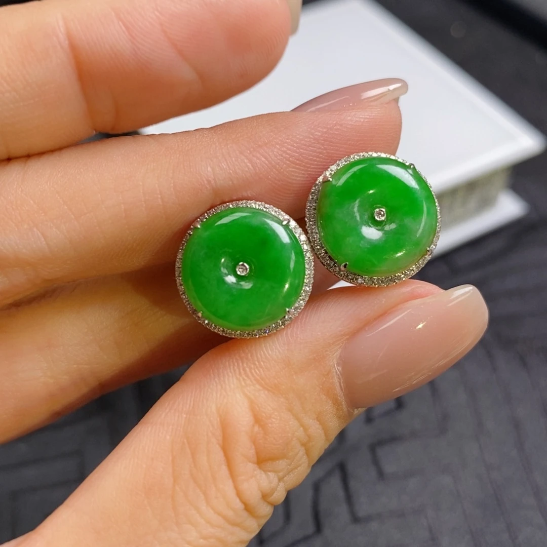 翡翠18K金镶嵌耳饰平安扣耳包