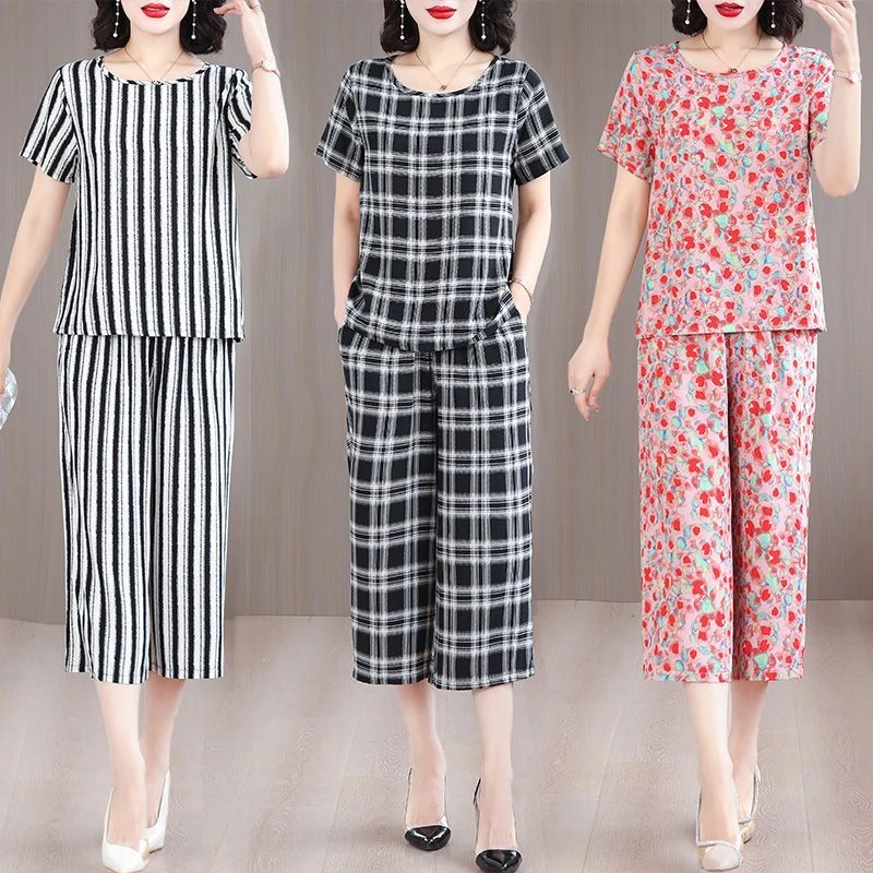 新款棉绸套装夏季时尚女装洋气妈妈人造棉短袖休闲七分裤子两件套