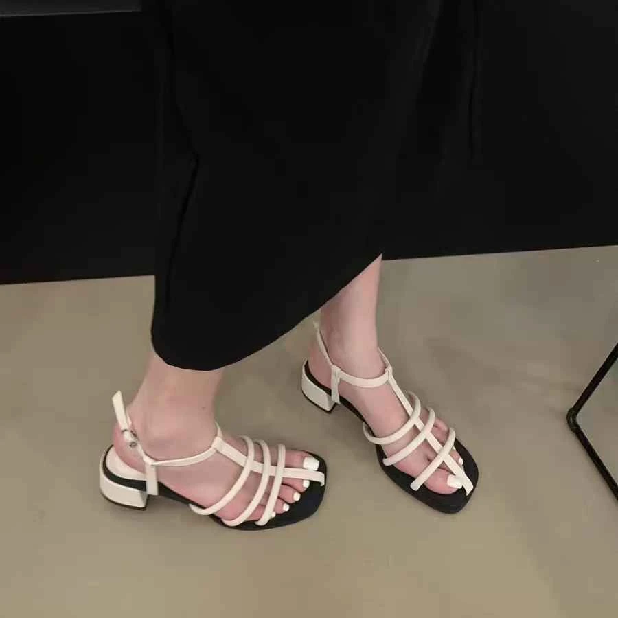 88-173法式小众粗跟凉鞋女夏季银色细带露趾罗马时装凉鞋