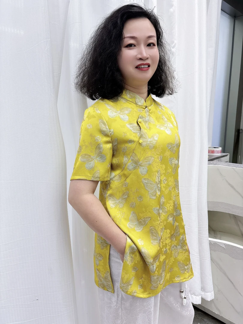新中式短袖上衣缎面提花长款上衣