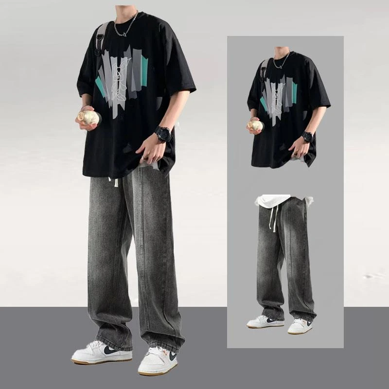 短袖t恤两件套男夏季潮牌ins衣服搭配一整套痞帅休闲套装男装炸街