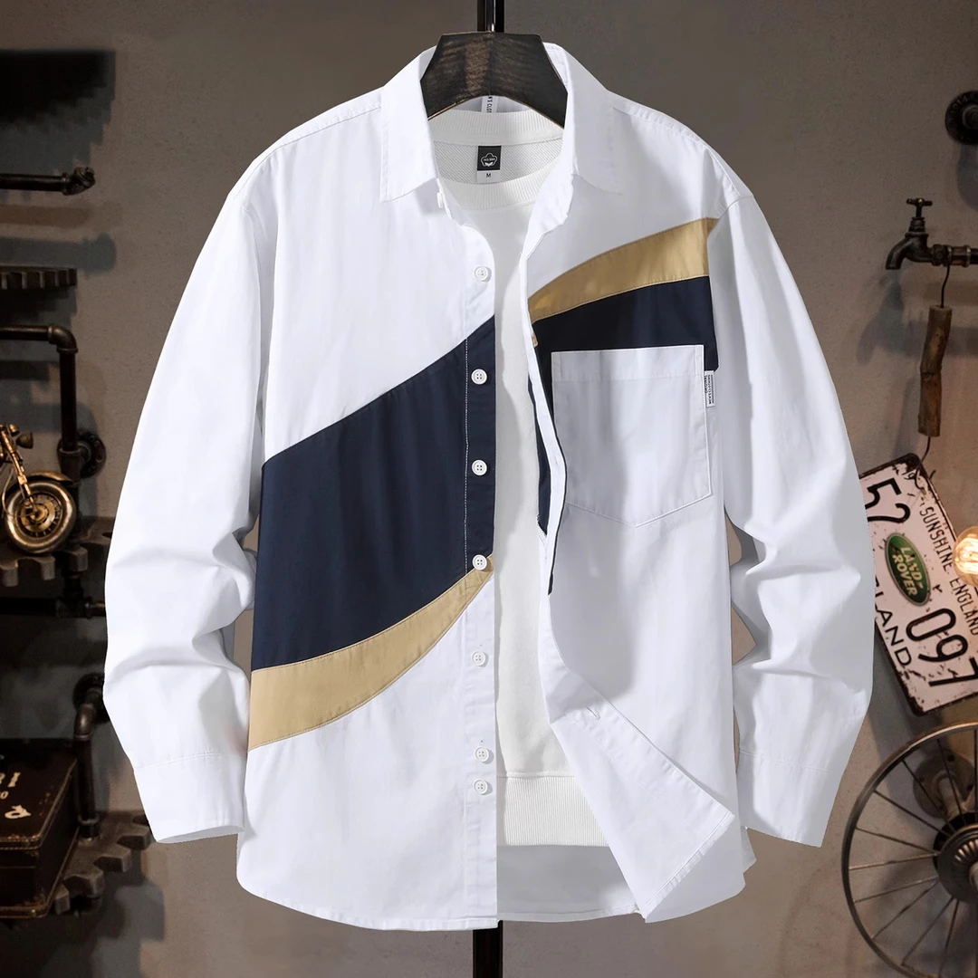 U&PURA日系撞色衬衣男士新款宽松潮流拼接长袖时尚休闲打底衬衫