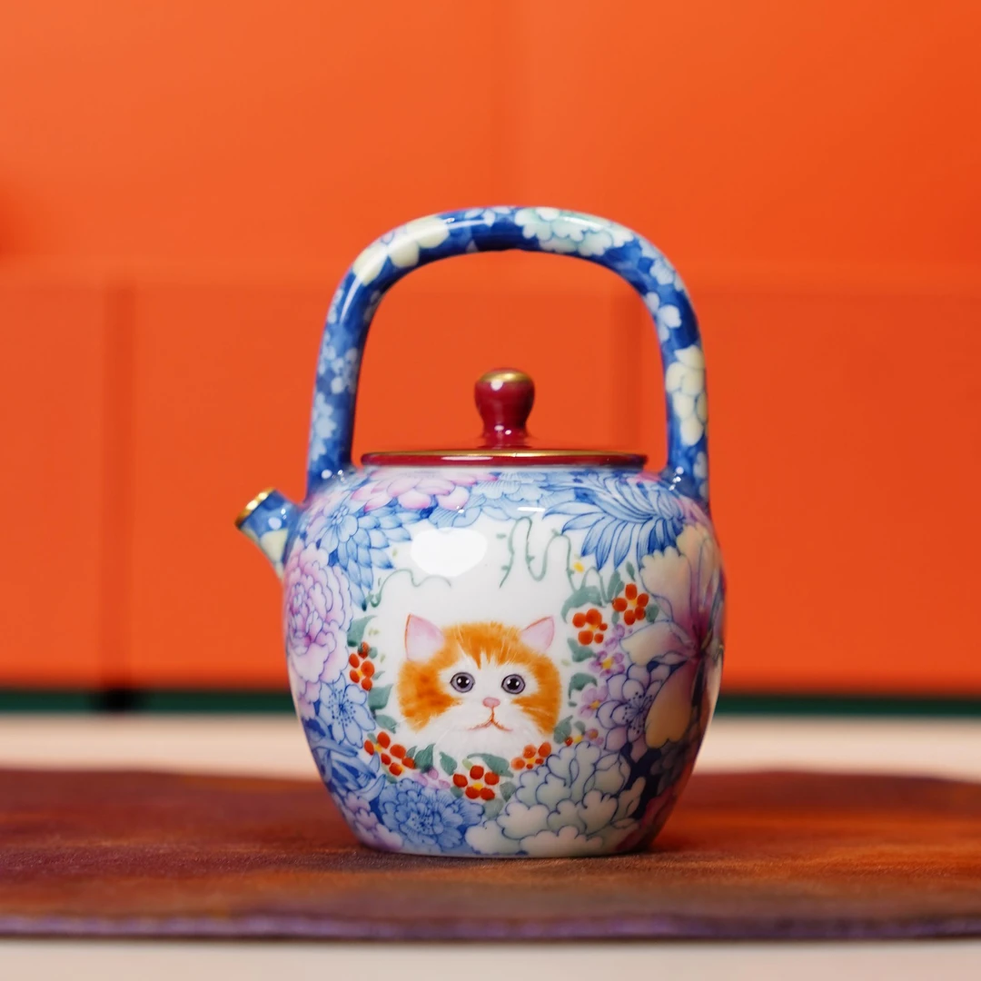 华隐堂   玫瑰红万花小橘提梁壶    茶具茶杯纯手绘陶瓷纯手工银