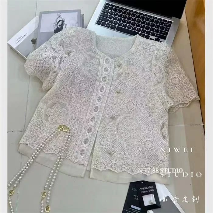 WYK L胸104长59亮片钉珠高级感单排扣短袖蕾丝上衣 9985