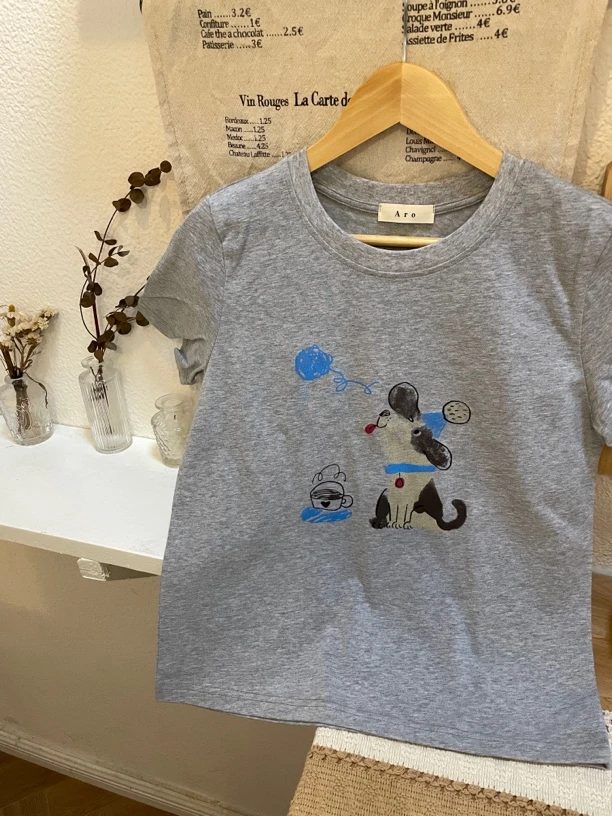 夏季新款印花短袖卡通小狗T恤正肩直筒显瘦休闲运动纯棉