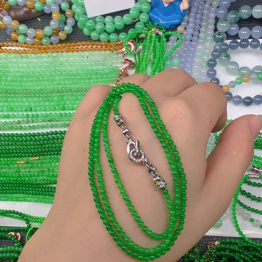 颈饰未镶嵌翡翠缅甸天然翡翠冰种浓正阳绿小米珠项链2.8
