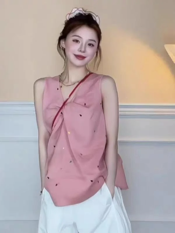 2025夏季韩式新款气质宽松显瘦粉色设计感短袖上衣女百搭休闲上衣