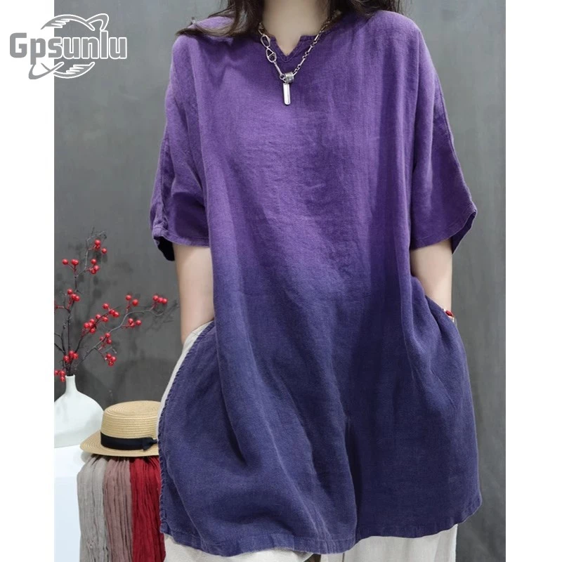 gpsunlu夏季新款复古吊染做旧大版衬衫女宽松百搭个性中袖上衣