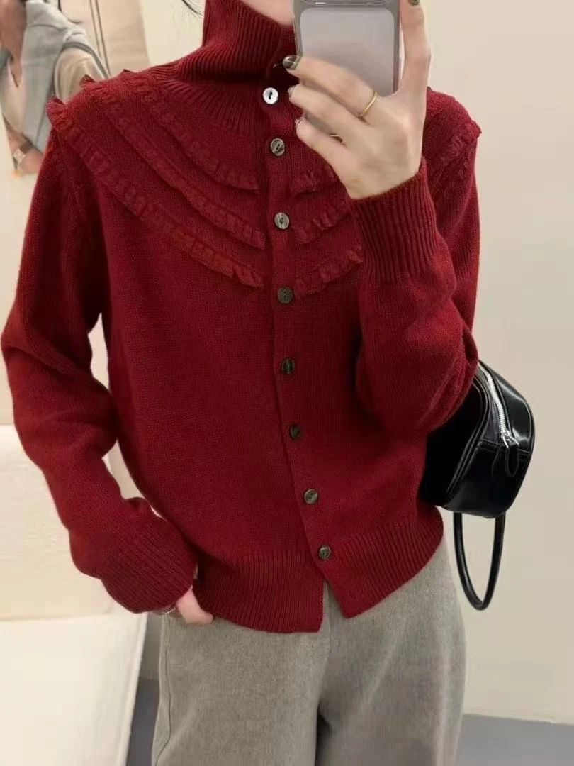 8025淑女风花边设计感高领毛针织衫秋冬打底上衣