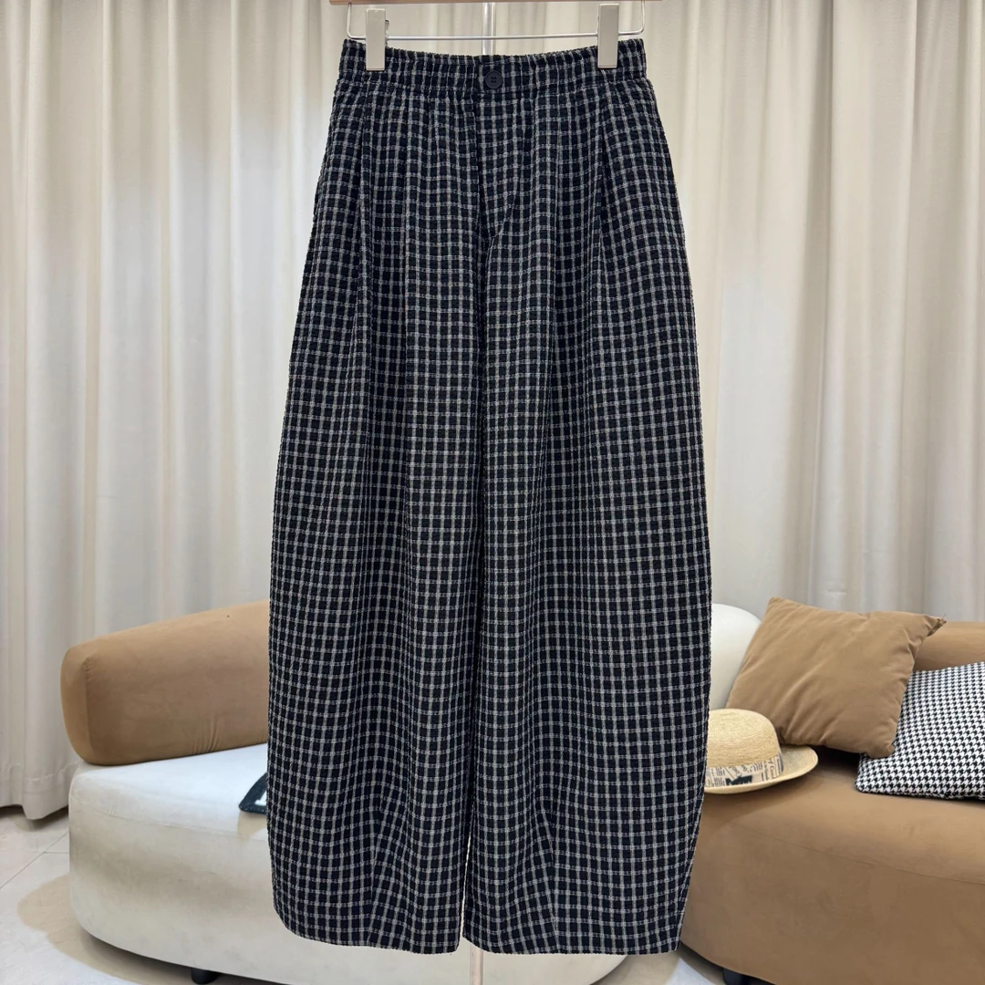 zaw大码女裤复古格子阔腿裤女高腰显瘦宽松胖mm遮胯显瘦裤子25208