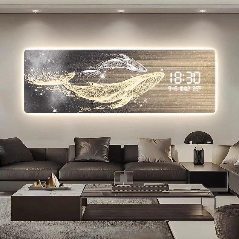 现代轻奢鲸鱼客厅装饰画高档led电子显示屏时钟挂画卧室床头画