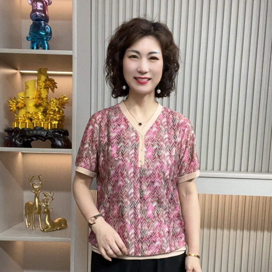 妈妈装流行欧若拉时尚潮牌女装宽松夏装女士独特漂亮小衫休闲短袖