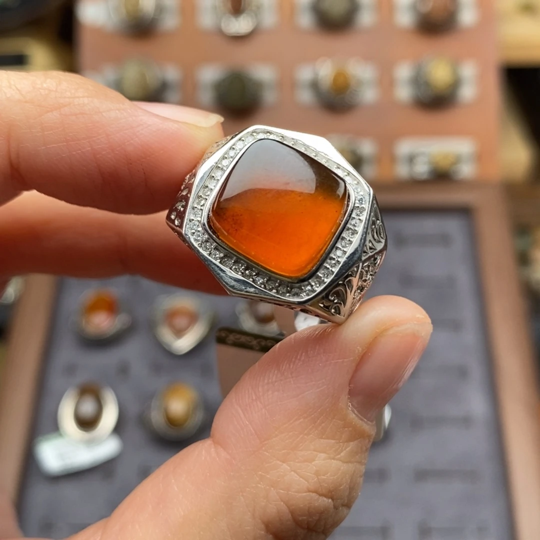 琥珀银S925镶嵌戒指琥珀