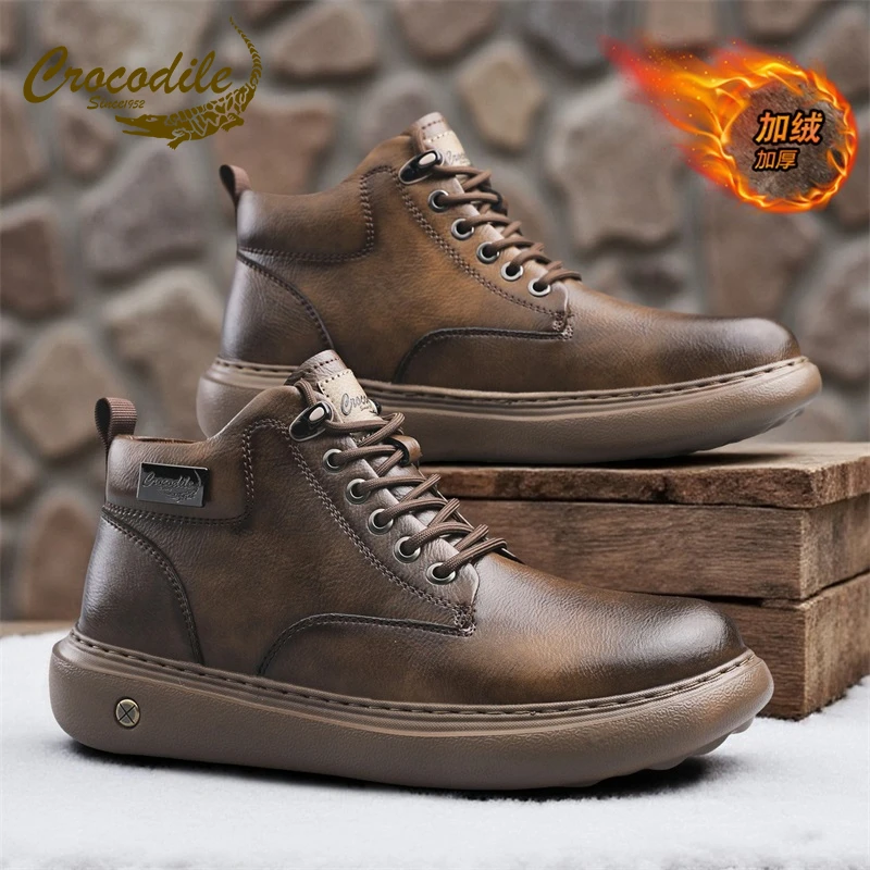 鳄鱼恤冬季马丁靴男厚底防滑休闲工装靴英伦真皮软底复古男士短靴