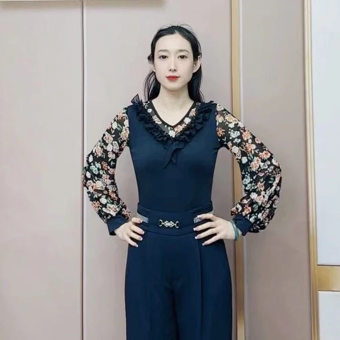 欢舞阁交谊舞时尚摩登吉特巴广场舞圆领木耳边长袖舞蹈服女A0662