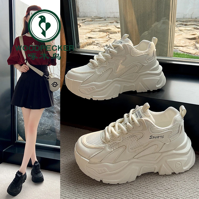 啄木鸟老爹鞋女夏薄款网鞋2025新款松糕厚底增高显脚小休闲运动鞋