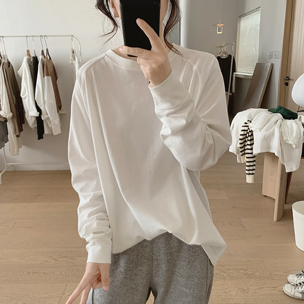 插肩袖t恤女式春秋季新款宽松显瘦圆领宽松显瘦长袖简约棉质上衣