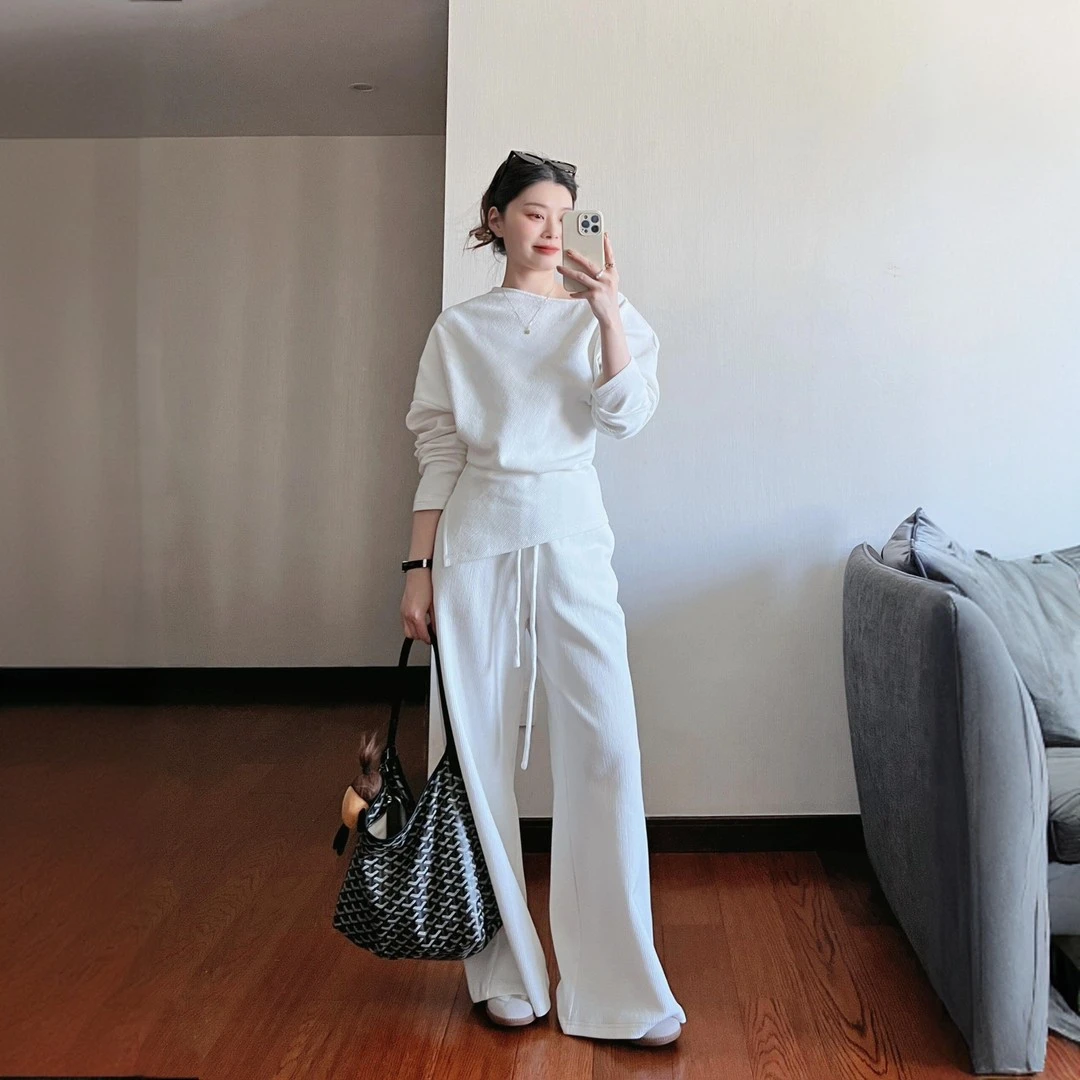 法式气质休闲运动套装女秋韩版宽松时尚显瘦斜肩长袖阔腿裤两件套