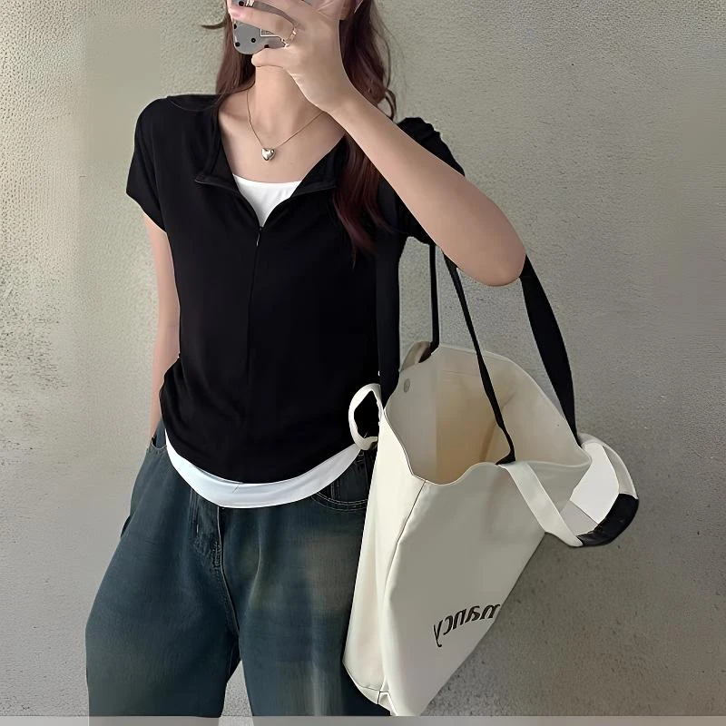 欧若风假两件短袖T恤女上衣2025春夏设计感运动修身褶皱收腰打底