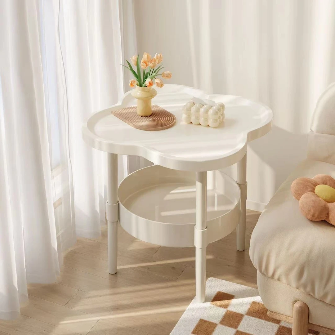 创意边几四叶草茶几简约双层桌客厅移动置物架奶油风沙发边儿童柜