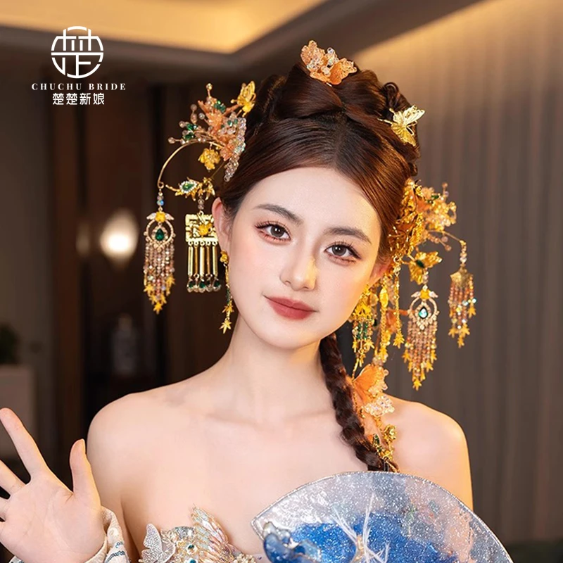 新款中式婚礼金色新娘头饰古装汉服龙凤褂晨袍头饰影楼婚纱配饰