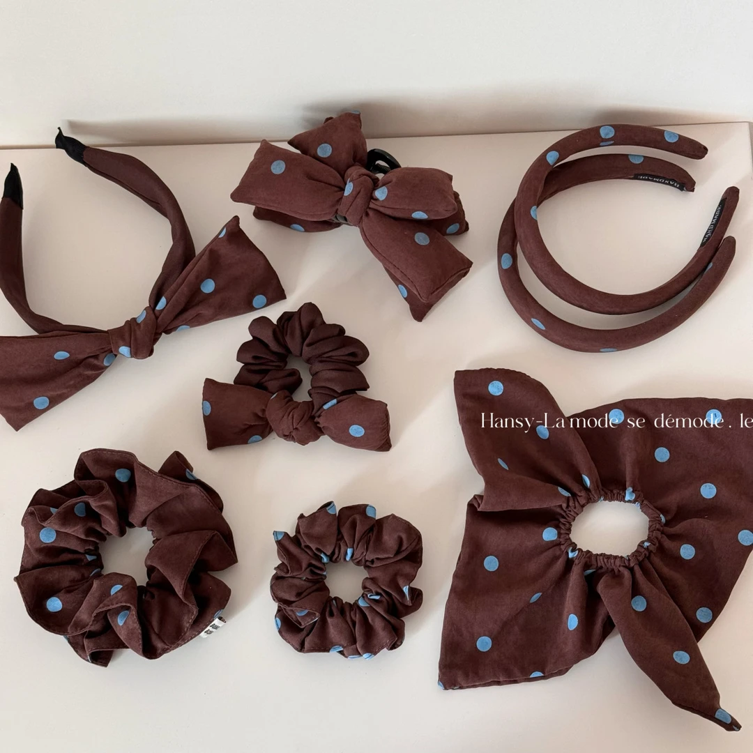 双层咖色系布艺蓝波点方巾发圈质感蝴蝶结大肠发圈韩系扎马尾头绳