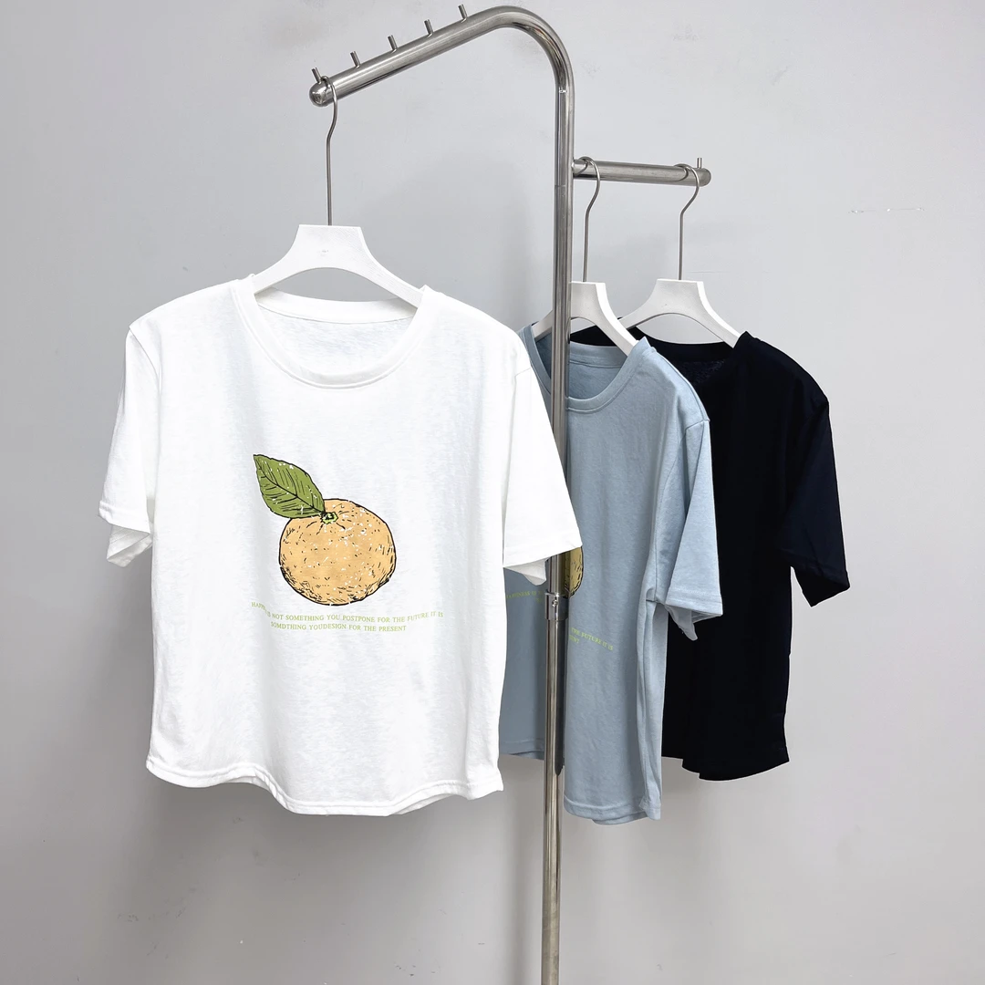 278女装T恤休闲夏季宽松橘子印花圆领短袖