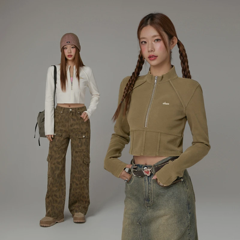 【陈嘉尔专属】CHUU半拉链设计套头修身宽松学院风甜辣风卫衣-Q