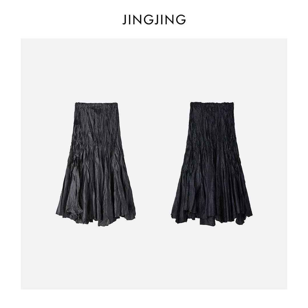 JINGJING2025新款“褶皱裙”松紧腰褶皱设计休闲时尚轻薄半身裙