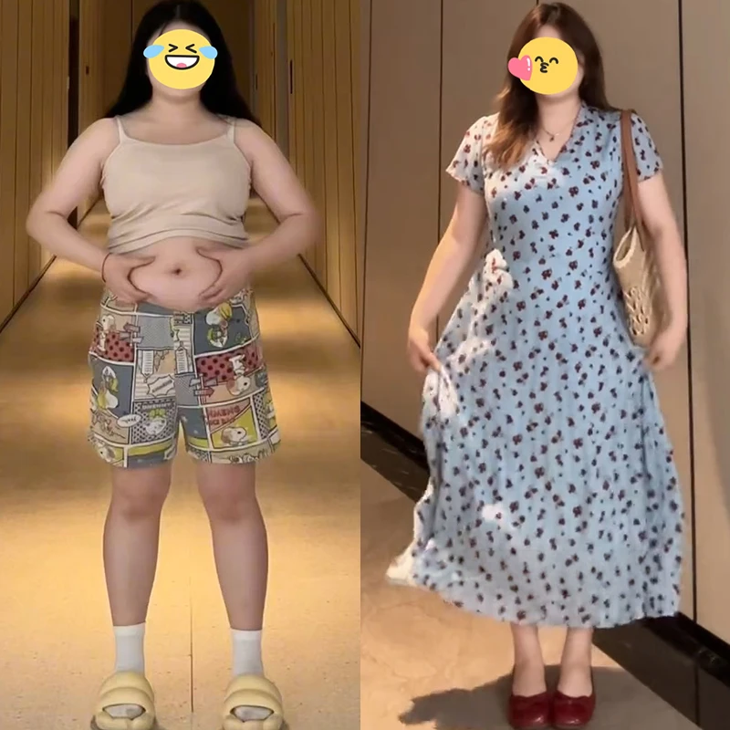 蓝色V领碎花连衣裙子女夏季2025休闲新款海边度假收腰气质长裙