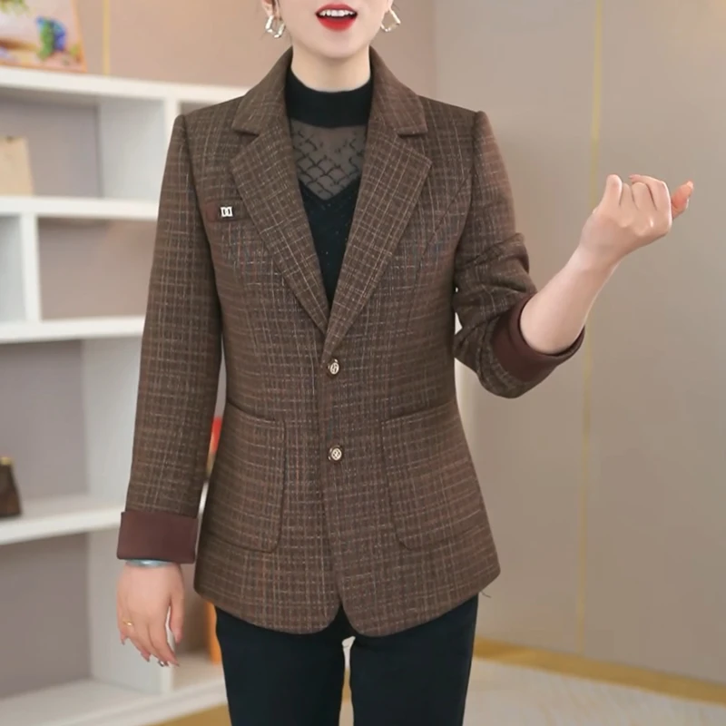女士高档西装女2025春秋新款中年妈妈格子洋气休闲西服外套高级感