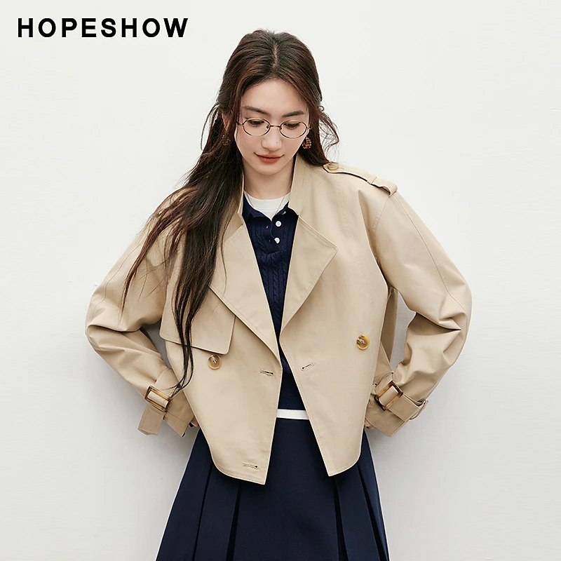 【HOPESHOW反季清仓】红袖落肩箱型双排扣翻领短风衣90125060701