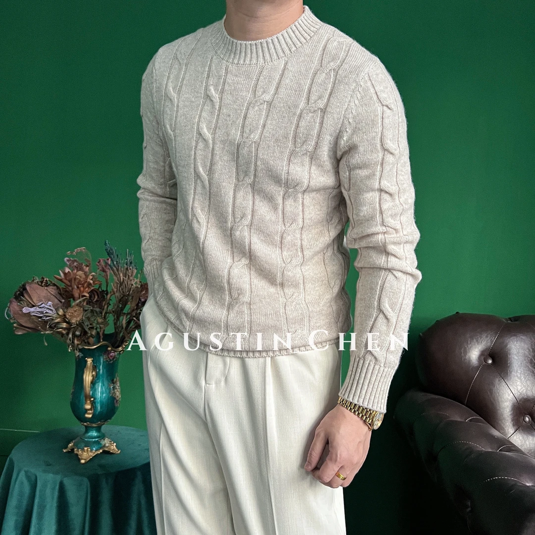 Agustin_Chen 秋冬意式圆领【绵羊毛】套头扭花男士老钱针织毛衣