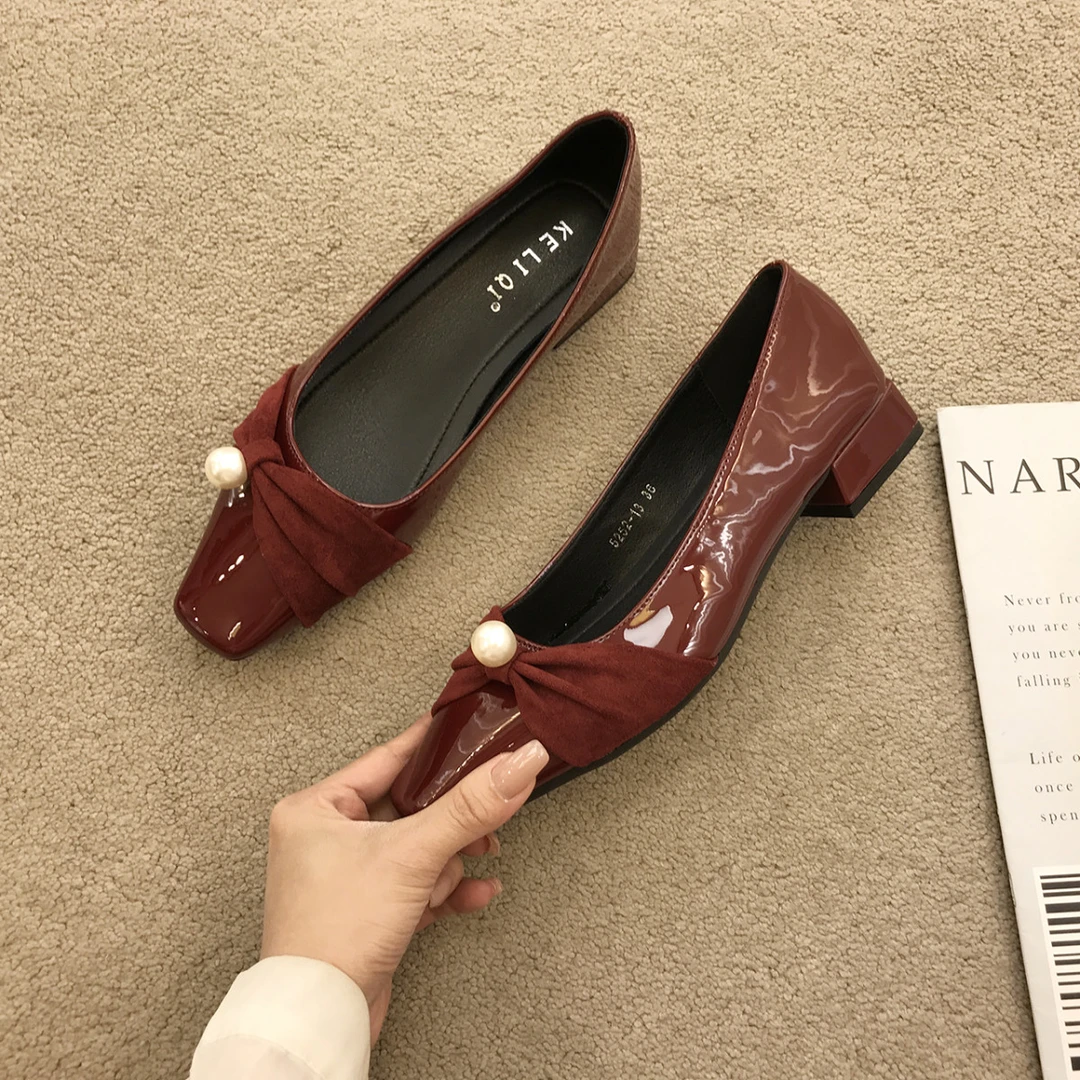 【JTG&SHOES 官方正品】晚晚风气质浅口粗跟红色单鞋女漆皮软底法