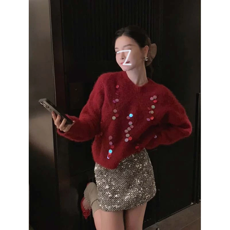 冬季跨年穿搭高级感圣诞红色亮片毛衣女红茶风内搭打底针织衫上衣
