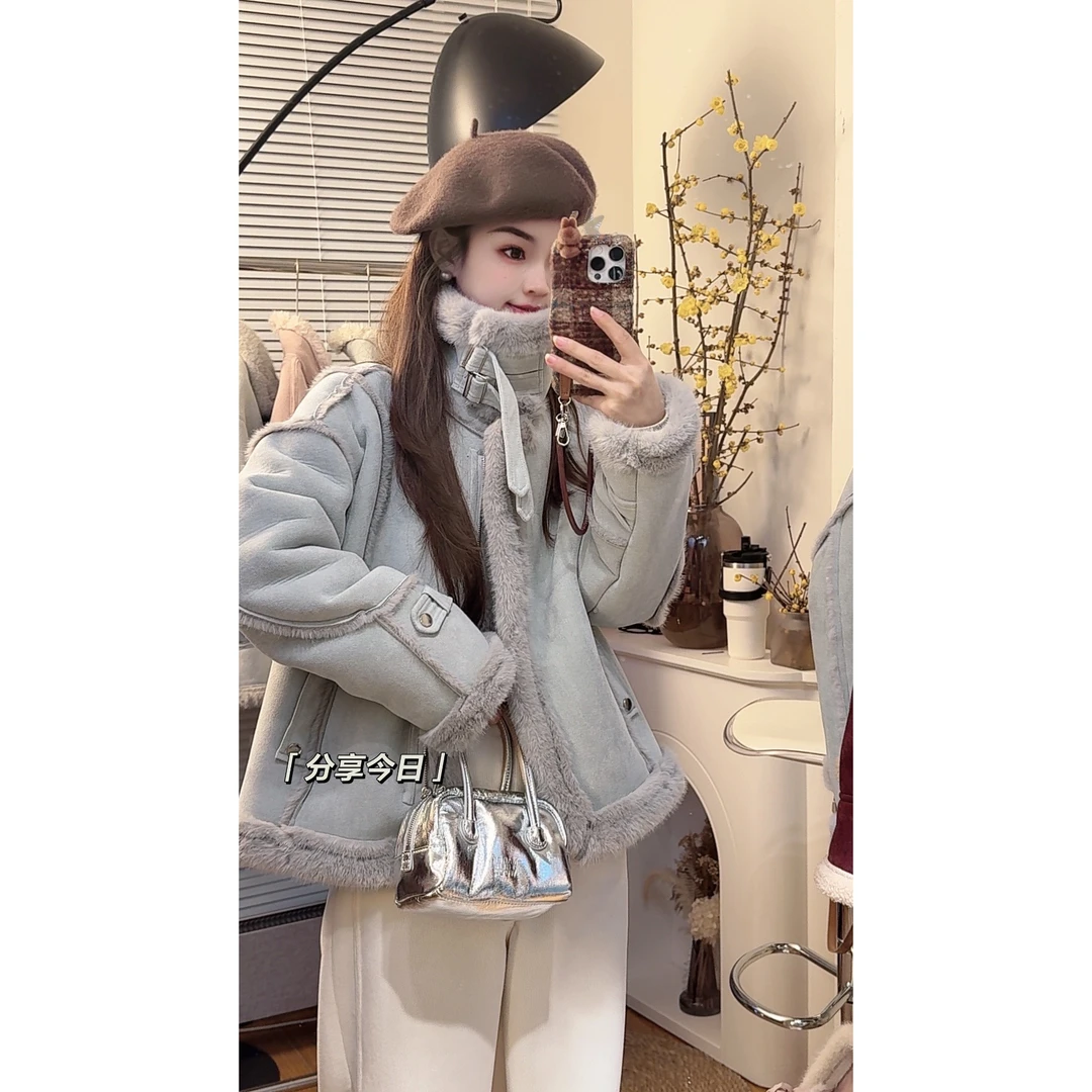 2024新款韩系通勤高端设计感机车服毛毛外套--拉链