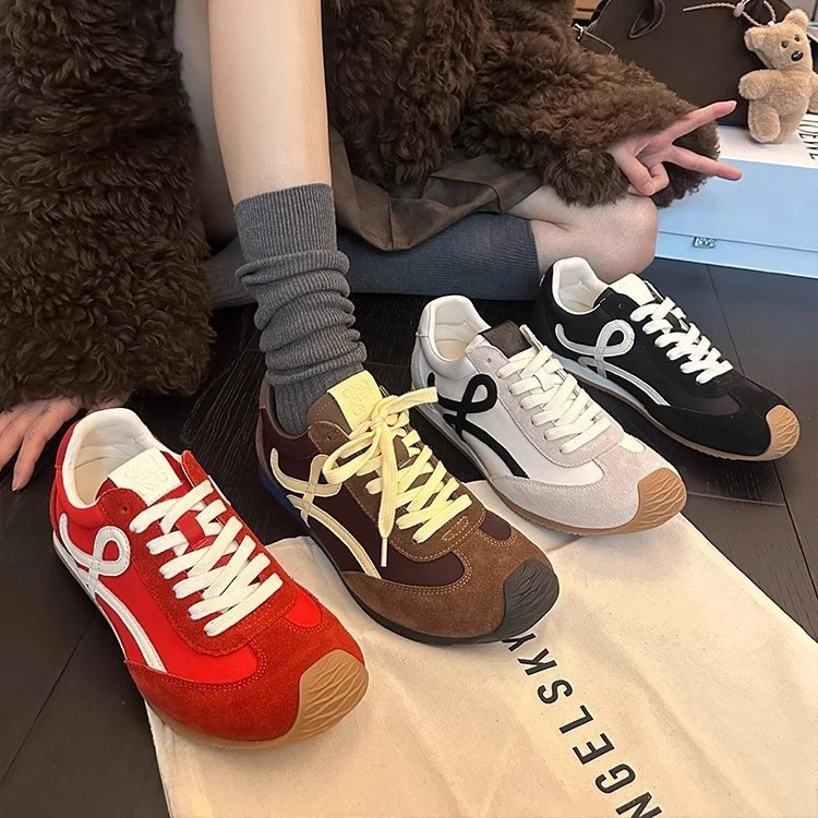 软牛皮芒果头复古系带阿甘鞋女2025新款休闲运动撞色内德训鞋