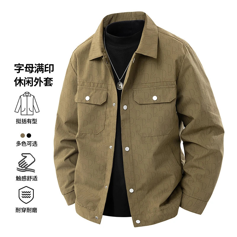 玛斯柏满印字母印花外套男士春秋季休闲高街潮牌帅气工装夹克上衣