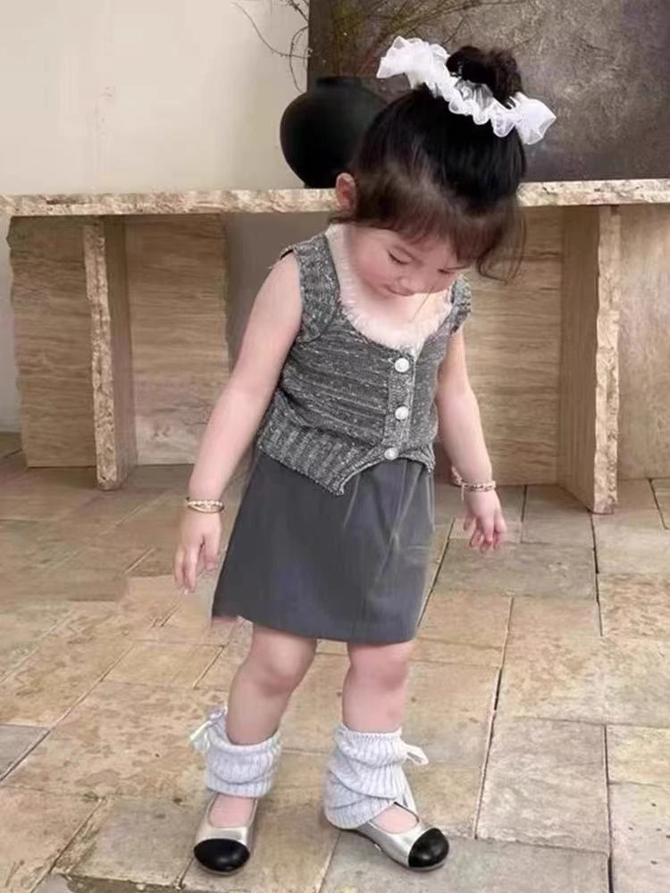 {套装}针织无袖蕾丝短裙套装女宝背心半裙夏季薄款洋气韩版女童