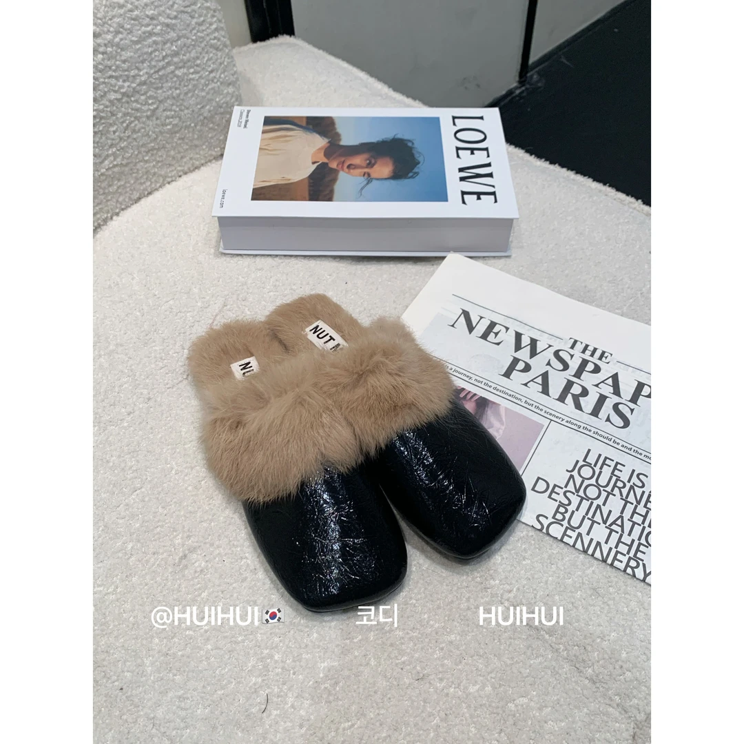 【HuiHui】包头半拖鞋女款外穿法式秋冬高级感软底毛毛拖鞋（A1205）