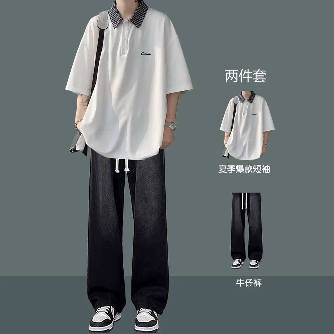 日系Polo衫短袖男生套装夏季青少年学院风翻领t恤搭配帅气牛仔裤
