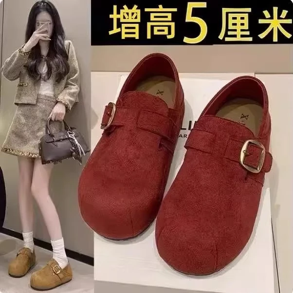 松糕厚底红色全包勃肯鞋女秋冬2025新款内增高一脚蹬百搭豆豆单鞋