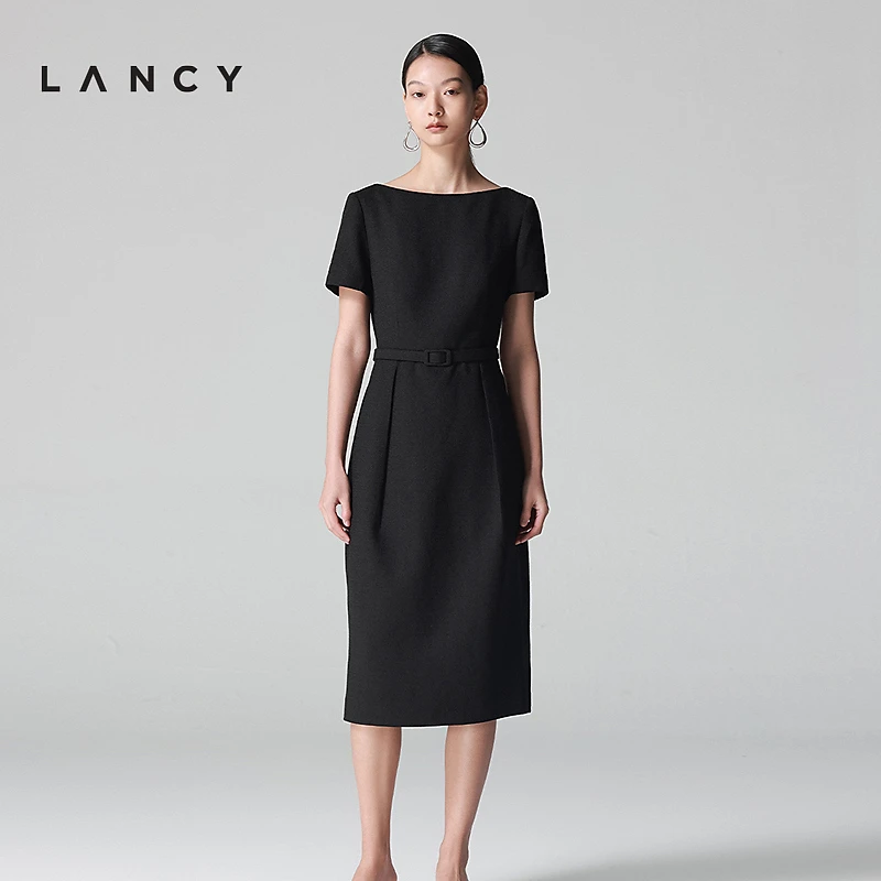 LANCY/朗姿2025年夏新款气质优雅通勤收腰系带一字领短袖连衣裙女