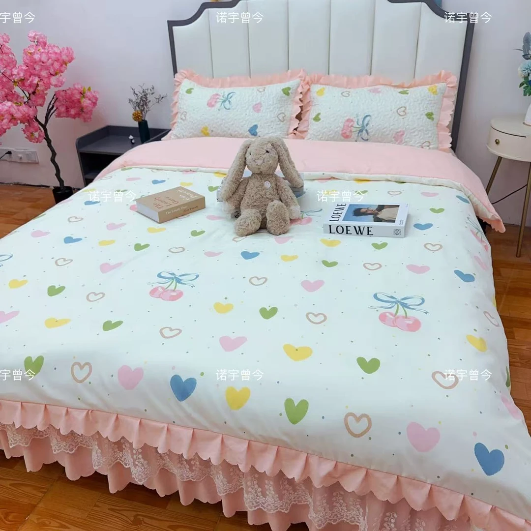 春夏新款双层纱花边韩版夹棉绗缝床盖四件三件套防滑透气四季通用