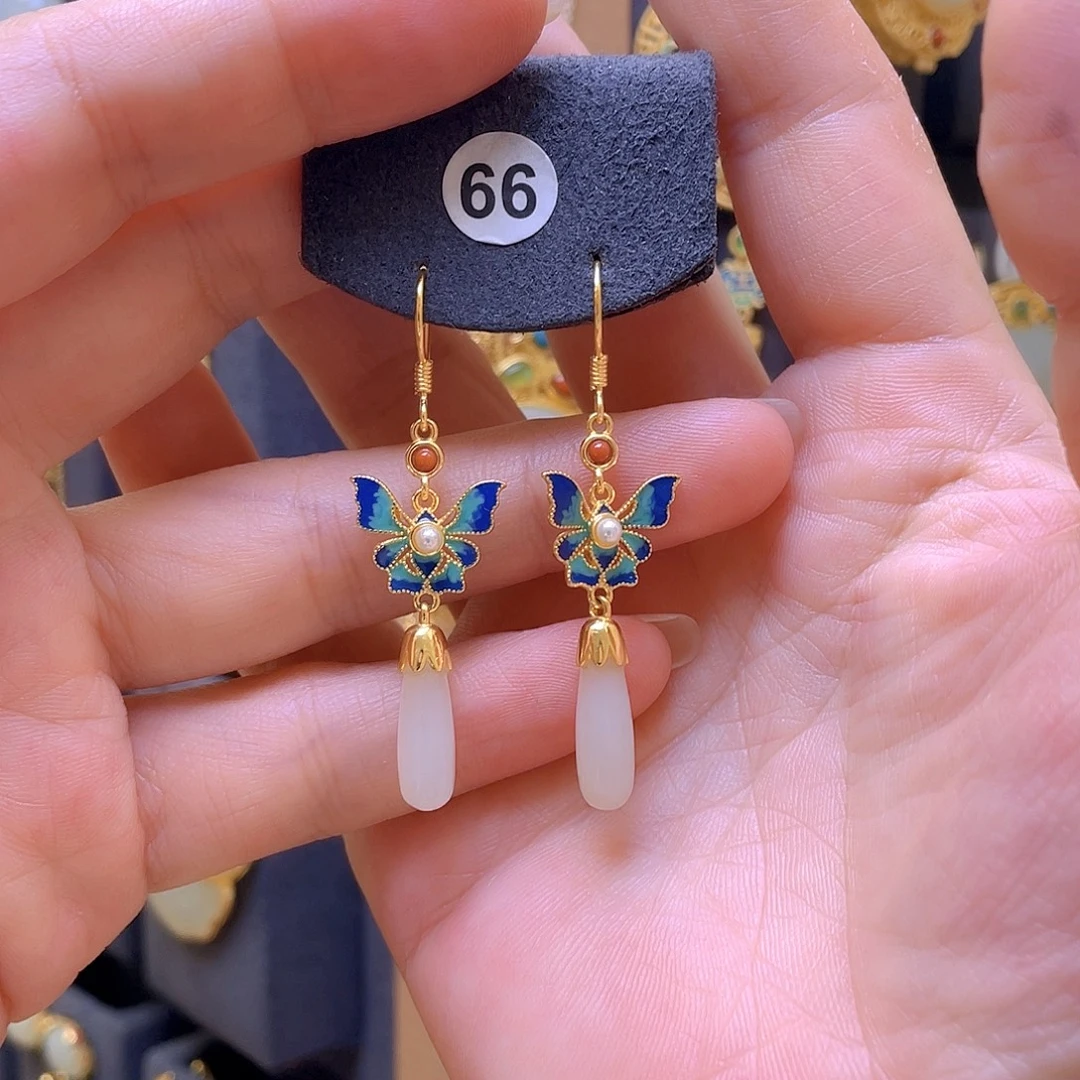 和田玉银S925镀金镶嵌耳饰