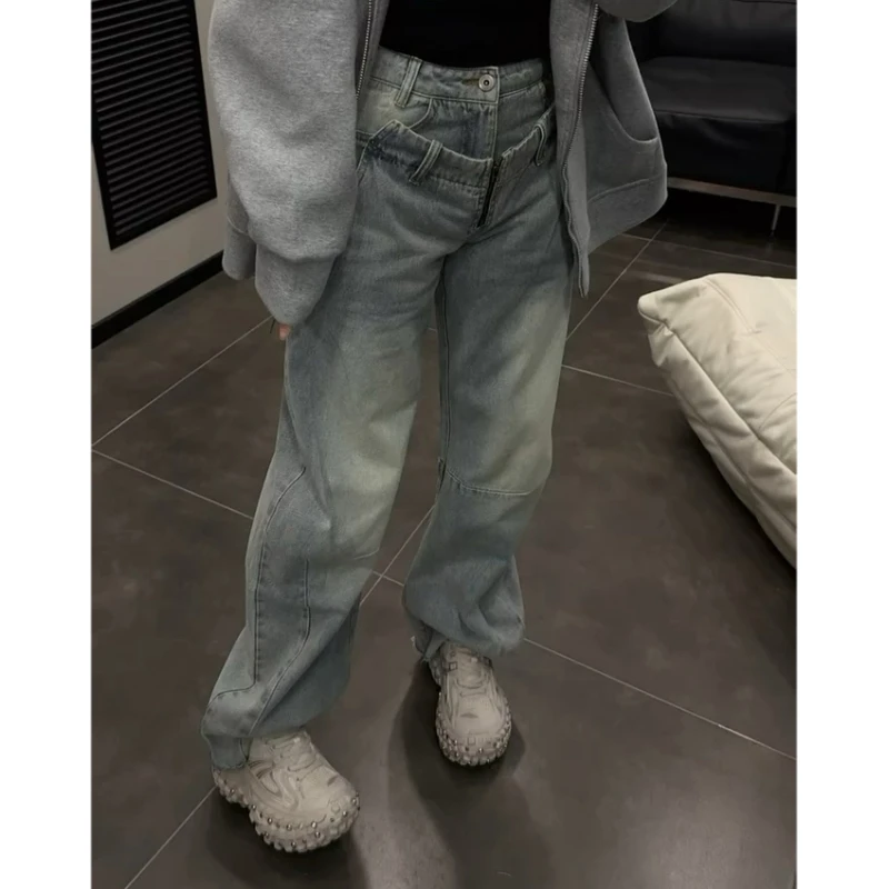 Aimeerosa/艾洛莎2025春季牛仔裤高腰个性潮牌小众拖地窄板阔腿裤